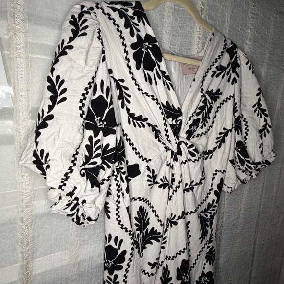 White Closet Elements Mini Dress Women L White Black Linen Blend Puff Sleeve - Picture 2 of 8